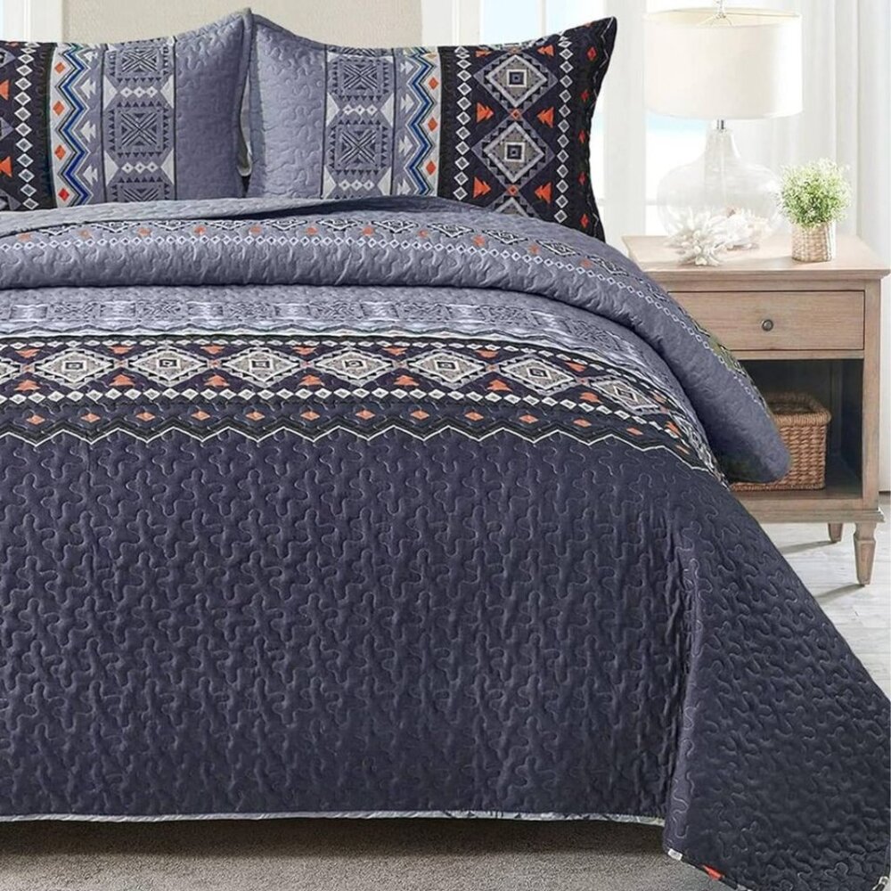 New Boho Aztec Navy 3 PC Bedding 100% Polyester Quilt Set • QUEEN Size